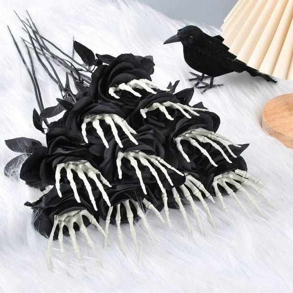 Halloween Floral Picks,Vintage Halloween Decor,Halloween Black Faux Rose Artificial Flowers with Skull Skeleton Hand Purple Flower Bouquets Black Eucalyptus Leaves(Black 3pcs 20*3.5in)