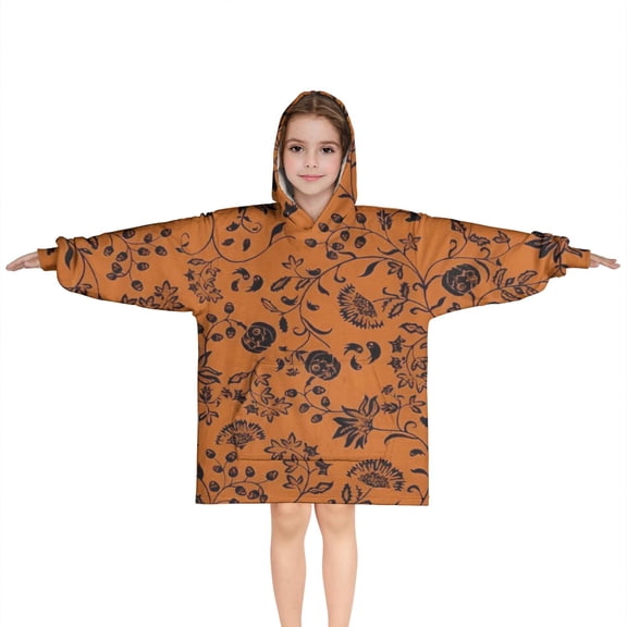 Halloween Floral Pumpkin Pattern Blanket Hoodies for Kids 6-13YR Oversize Wearable Blanket Hoodies for Boys Girls Teens