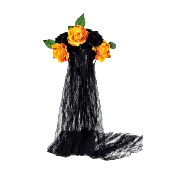 Halloween Floral Rose Flower Crown 36 Inch Lace Veil Artificial Flower Head Band for Women's Day of The Dead Gothic Bride Headwear for Halloween Party 1 Pack