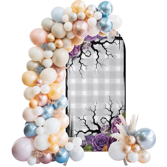 Halloween Flower Berry Tree Branch Arch Backdrop Cover Spandex Fitted Arch Cover 7.2FT,Arches Backdrop Stand Covers for Wedding Birthday Party Ceremony Banquet Decoration Purple Plant Gray Check
