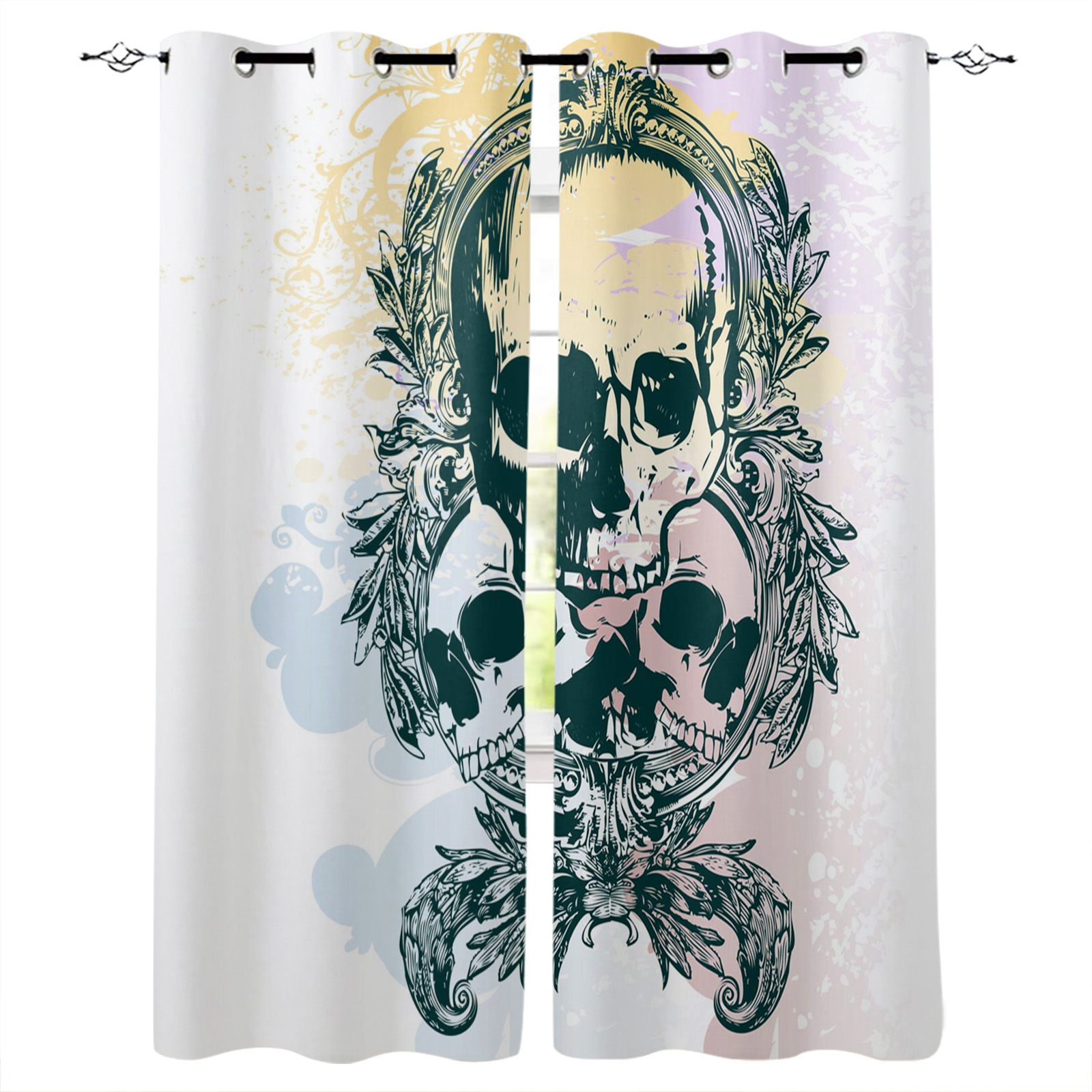 Halloween Flower Style Skull Paisley Black Room Curtains Window
