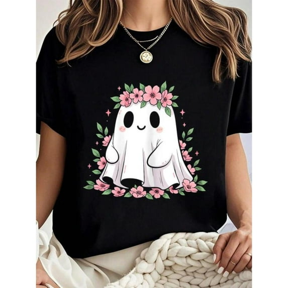 Halloween Flower T Shirt Cotton Graphic Tees Soft Tops Vintage Style Short Sleeve Round Neck Black S-5XL
