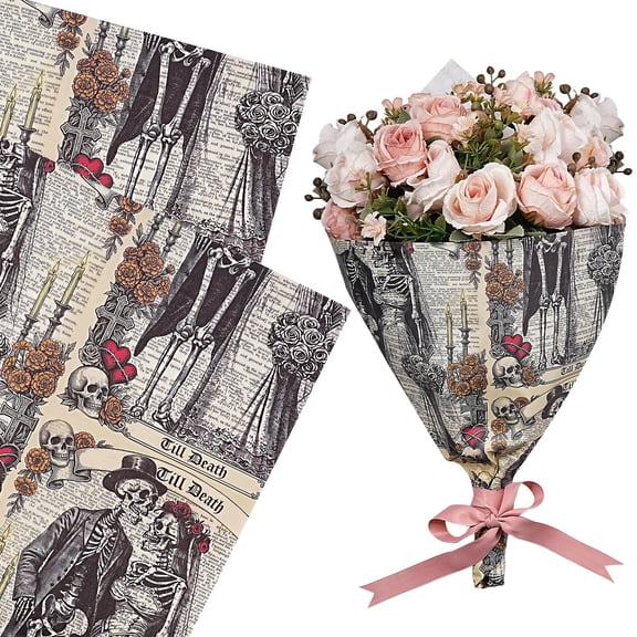 Halloween Flower Wrapping Paper - 22in x 10feet Skull Bouquet Wrapping Paper, Florist Supplies Packaging for Halloween, Birthday