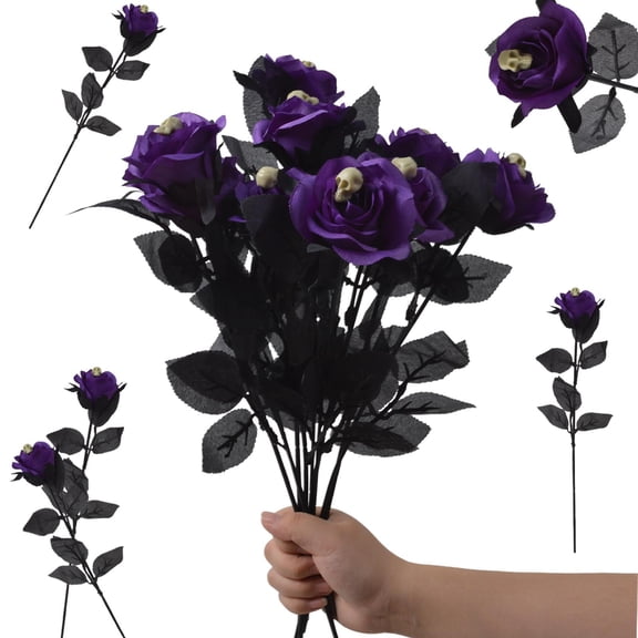 Halloween Flowers 10Pcs Artificial Halloween Rose with Skull Head Black Leaves Faux Silk Rose Picks Flower Stems Rose Flower Bouquet for Halloween Party Haunted House Home