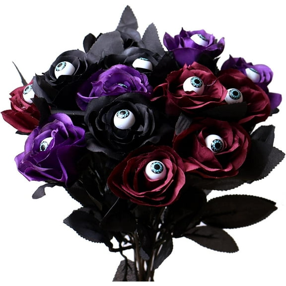 Halloween Flowers with Eyes Decorations, 12pcs Halloween Black Red Purple Roses with Eyeballs, Artificial Halloween Flowers with Stem Bouquets Arrangements for Pot Garland Halloween Party Decor
