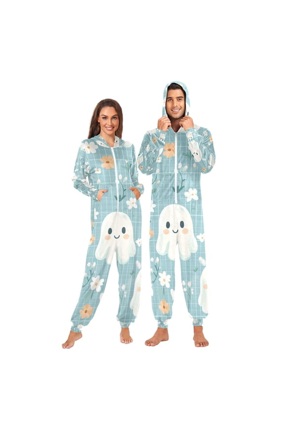 Halloween Flowers Ghosts Adult Onesie Pajamas Slim Fit Christmas One Piece Suit Pjs for Women and Men Hooded Zipper