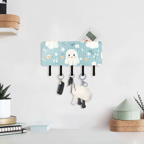 Halloween Flowers Ghosts Key Holder for Wall Mail Holder Organizer with 5 Key Hooks Wall Mount Key Rack with Shelf