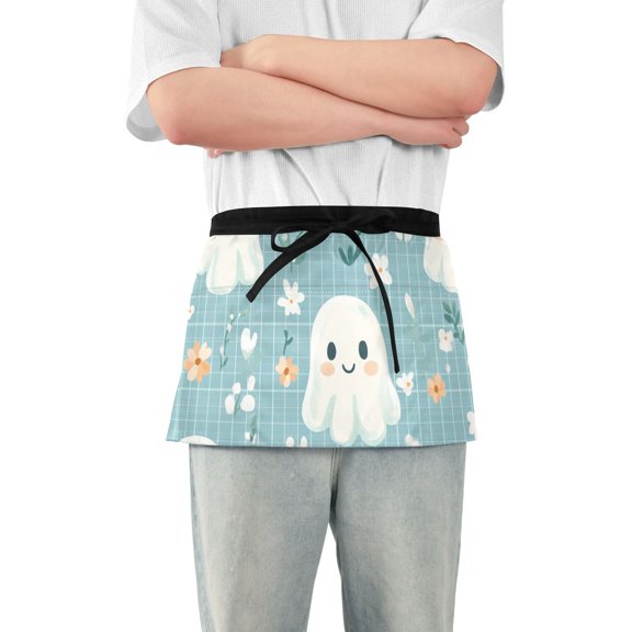 Halloween Flowers Ghosts Waist Apron Adjustable Server Half Apron Kitchen Cooking with 3 Pockets for Men Women
