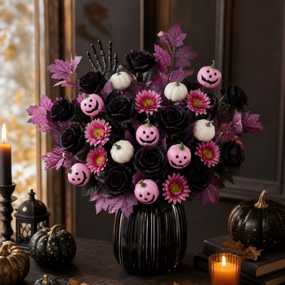 Halloween Flowers, Halloween Dark Pumpkin Floral Decor, 13.3-Inch Artificial Bouquet Set,Halloween Artificial Flowers, Halloween Vase Filler, Fall Halloween Home Table Decor