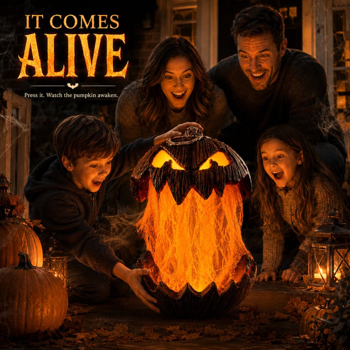 Halloween Flowing Flame Pumpkin Lantern, Spooky Alien Pumpkin Head Decor Light, Warm Yellow Glow, Vintage Finish for Indoor Outdoor Halloween Decoration