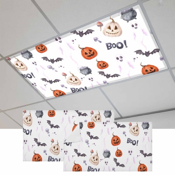 Halloween Fluorescent Light Covers, Bat Pumpkin Ghost Candy Fall Seasonal Magnetic Light Covers for Ceiling Lights, Fluorescent Ceiling Shade Filters for Classroom Bedroom Office 4x2Ft x 2PCS