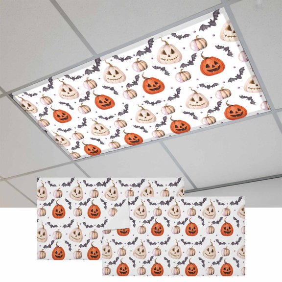 Halloween Fluorescent Light Covers, Fall Pumpkins Halloween Funny Bat White Magnetic Light Covers for Ceiling Lights, Fluorescent Ceiling Shade Filters for Classroom Bedroom Office 4x2Ft x 2PCS