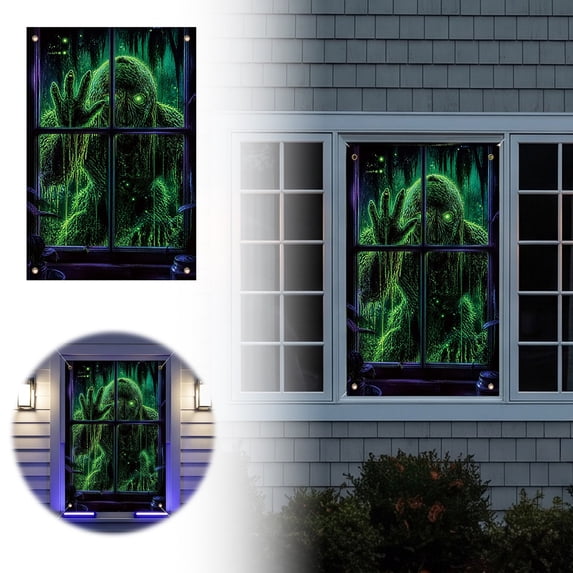 Halloween Fluorescent Window Banner 31.5 x 47.2 Inches Glow in Dark Window Cover with Skull Design Hanging Scary Decor for Home B