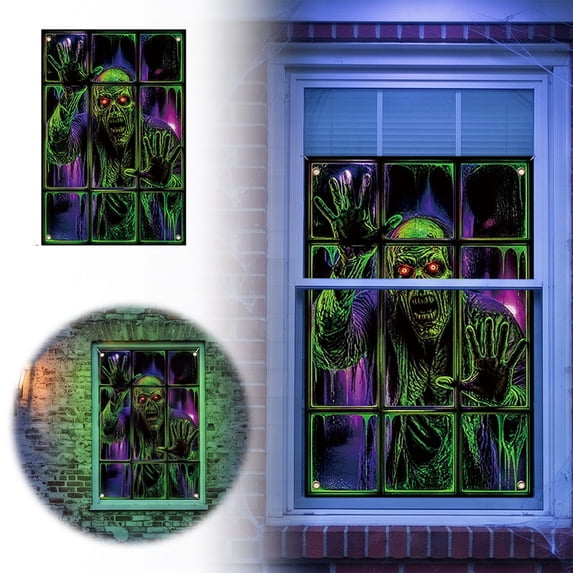 Halloween Fluorescent Window Banner 31.5 x 47.2 Inches Glow in Dark Window Cover with Skull Design Hanging Scary Decor for Home D