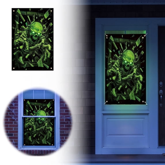 Halloween Fluorescent Window Banner 31.5 x 47.2 Inches Glow in Dark Window Cover with Skull Pumpkin Design Hanging Scary Decor for Home