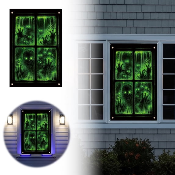Halloween Fluorescent Window Banner,Polyester Horror Themed Window Cover With Grommets,for Haunted House Home Party Yard Window Wall Decoration