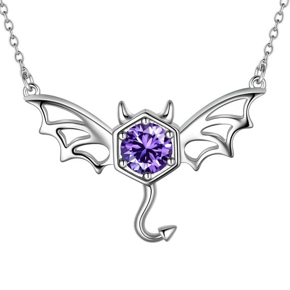 Halloween Flying Bat & Devil Necklace Silver-Plated, Purple Zirconia Gothic Festival Statement Cosplay Party Jewelry Gift for Women