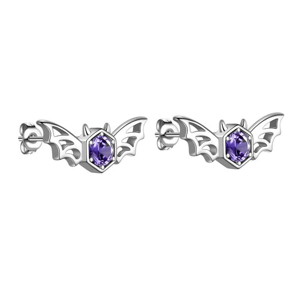 Halloween Flying Bat Stud Earrings Silver-Plated Purple Zirconia Gothic Statement Cosplay Party Jewelry Gift for Women
