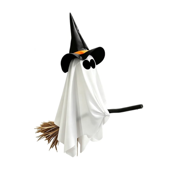 Halloween Flying Broom Ghosts Decoration,White Fabric Flying Witch Hat Ghost On Broomstick,Halloween Ghost Prop for Porch Yard Haunted Party,Spooky Outdoor Indoor Ornament,33.5x35.4 inch(White)