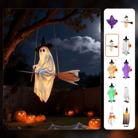 Halloween Flying Ghost on Broomstick Lighted Hanging Decoration -Outdoor Halloween Decoration Hanging Ghost for Front Porch Yard Patio Tree