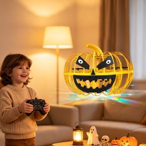 Halloween Flying Pumpkin Toy, RC Pumpkin Drone with Auto Hover and Colorful LED Lights, Protective Frame Indoor Flying Toy for Kids, Halloween Party Favors and Holiday Gift for Boys and Girls