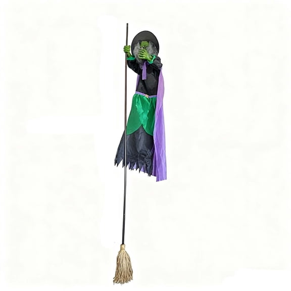 Halloween Flying Witch Decor, Sound Animated Creepy Green Face Witch Hanging on Broom Prop, Spooky Light Up Outdoor Tree Wall Yard Garden Party Decorations