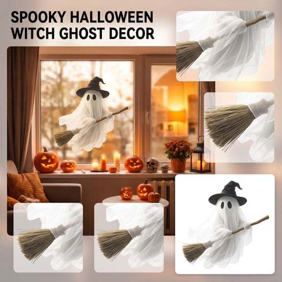 Halloween Flying Witch Ghost Wall Sticker, Spooky Ghost on Broom Window Decal, Removable PVC Halloween Decor for Bedroom, Living Room, Entryway