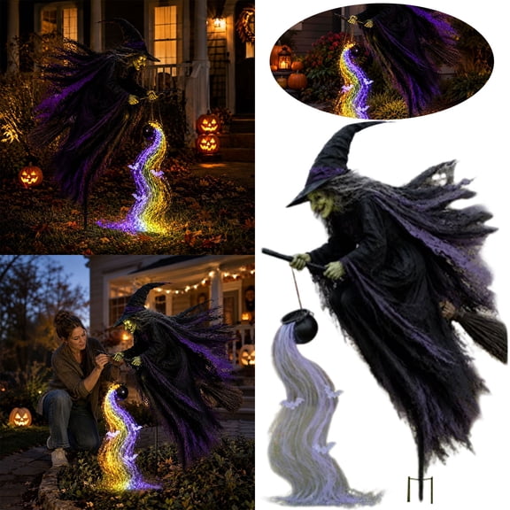 Halloween Flying Witch Solar Garden Stake Light, Cauldron Swirling Multicolor LED with Bat Ornaments, Spooky Outdoor Yard Decor for Lawn Patio Halloween Party