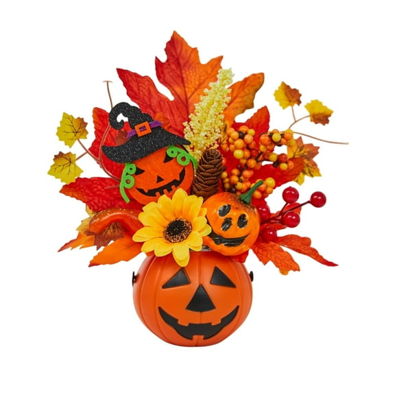 Halloween Foam Pumpkin Decoration with Maple Leaves and Berries for Fall Harvest Festival Thanksgiving Table Centerpiece Home Party Decor