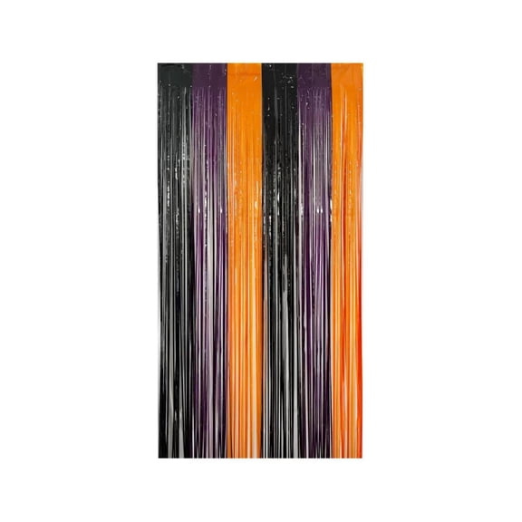 Halloween Foil Fringe Curtain Orange Black Tinsel Streamers  78.74x39.37 Inch Party Backdrop for Photo Booth Wall Door Decor, Metallic Shiny Hanging Prop for Spooky Celebrations