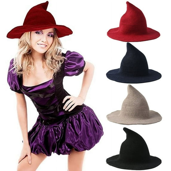 Halloween Foldable Pointed Hat Warm Wool Knitted Cap for Women Girls Wide Brim Hat Party Accessory