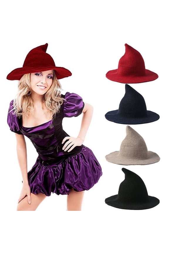 Halloween Foldable Pointed Hat Warm Wool Knitted Cap for Women Girls Wide Brim Hat Party Accessory