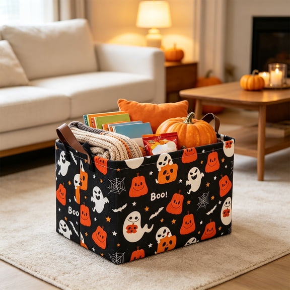 Halloween Foldable Storage Basket 15x10x9.8 Inch, Collapsible Canvas Organizer Bin with Handles, Multi-Purpose Toy Clothes Box for Bedroom Nursery, Spooky Home Decor