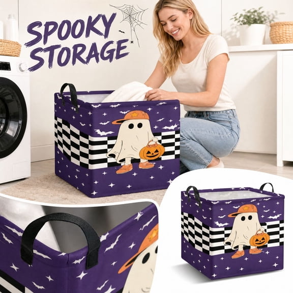 Halloween Foldable Storage Bin, Spooky Themed Fabric Laundry Basket with Reinforced Handles, Waterproof Collapsible Organizer for Bedroom Bathroom Closet, Halloween Home Decor