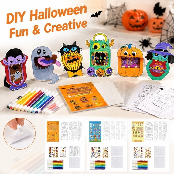 Halloween Folding Watercolor Art Kit for Student with 8 Coloring Pages, 2 Sticker Sheets, and 6 Watercolor Pens, for Travel Kids Activity, Halloween Party Favors for Student, and