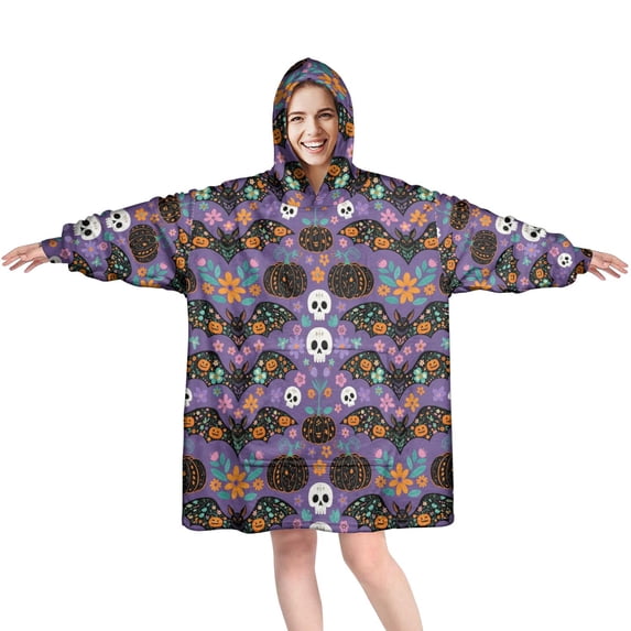 Halloween Folk Bat Purple Wearable Blanket Hoodie, Flannel Oversized Wearable Blanket Hoodies with Sleeves & with Sleeves & Pockets, Soft Cozy Gifts Ideas for Wife Son Mom Husband Daughter