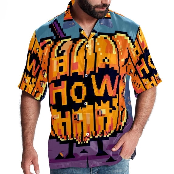 Halloween Font Men's Short Sleeve Beach Shirts, Casual Printed Poplin Button Down, Unisex Summer Hawaiian Shirt