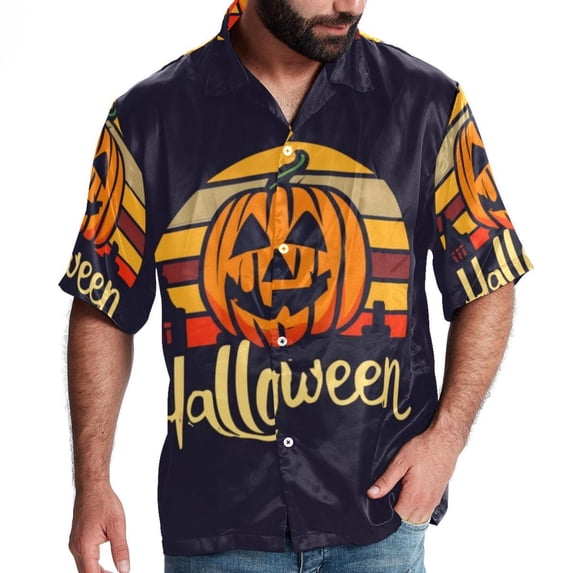 Halloween Font Men's Short Sleeve Spread Collar Button Down Beach Print Casual Shirts