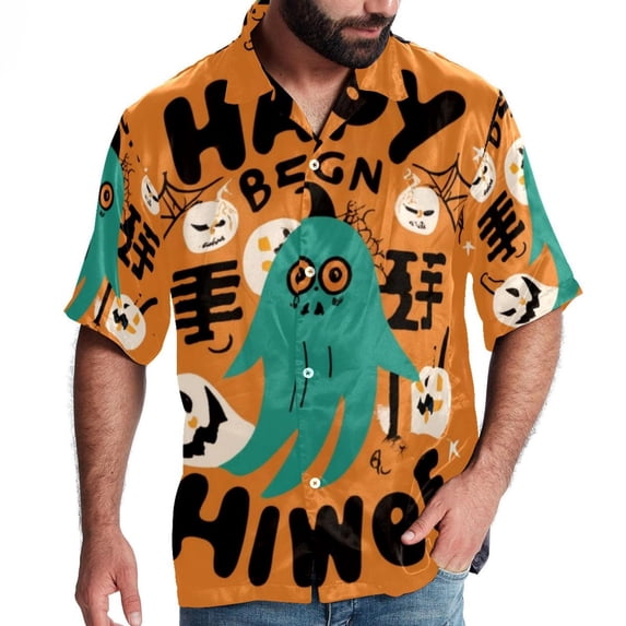 Halloween Font Men's Short Sleeve Spread Collar Poplin Button Down Casual Printed Summer Beach Unisex Shirts