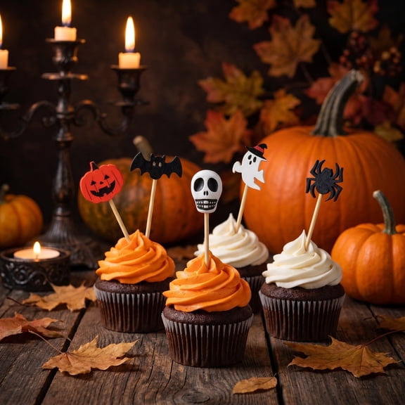 Halloween Food Picks 100-Pack Spooky Pumpkin & Ghost Cupcake Toppers for Party Appetizers, Fruit & Dessert Decor