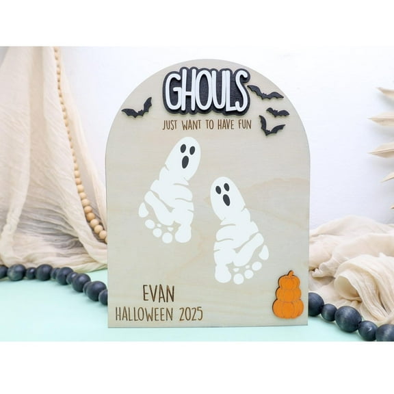 Halloween Footprint Board, Personalized Kids Keepsake Sign, Wooden “Ghouls Just Want to Have Fun” Custom Name & Year Decoration