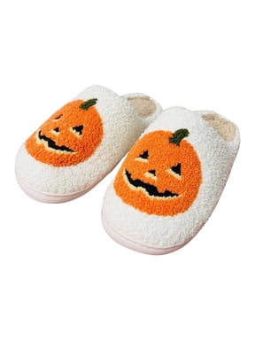 DADHOT Halloween Pumpkin Slippers for Womens Mens Plush Warm Spooky Lantern Pumpkin Slippers ...