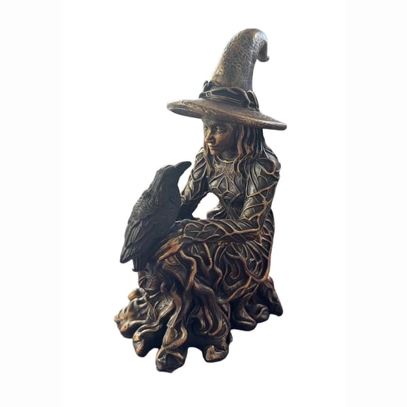 Halloween Forest Witch Figurine with Raven, Gothic Tree Root Resin Statue, Spooky Tabletop Centerpiece Decor for Home Party Mantel