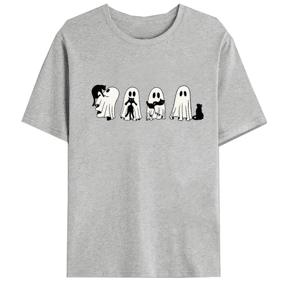 Halloween Four cute ghost kitten pattern short-sleeved round-neck top, fashionable and casual gray,S-3XL