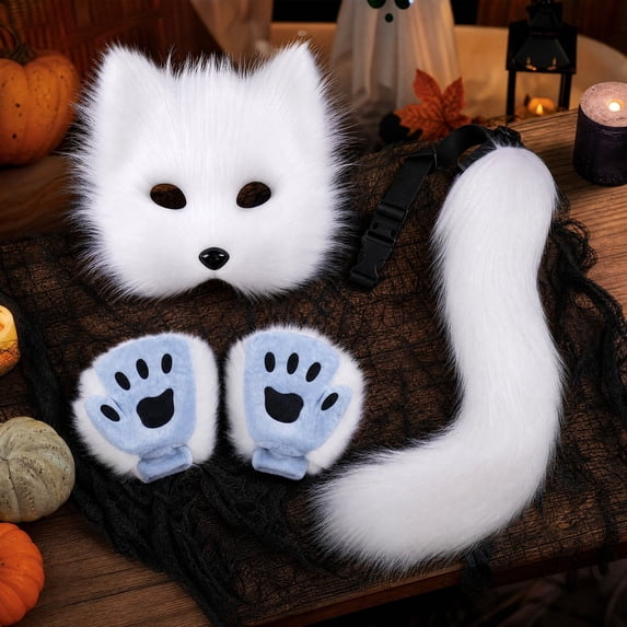 Halloween Fox Costume Accessories, Fox Dress Up Set With Fox Mask Tail Paw Gloves, Party Realistic Cosplay Outfit