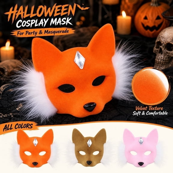 Halloween Fox Mask for Masquerade Party, Half Face Mask with White and Rhinestone Trim, 8X8 in Furry Mask Accessory for Women Men