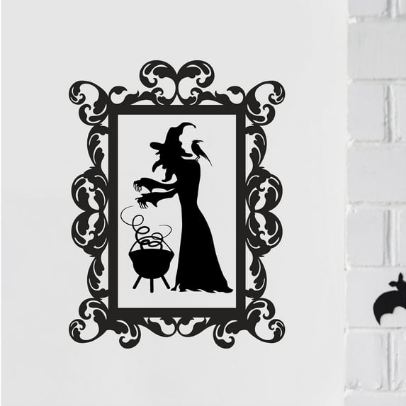 Halloween Frame #11 Witch Stirring Cauldron Pot Portrait Wall Saying Vinyl Lettering Decal Sticker Spooky WItch Decals - Size: 16"H x 12.5"L - Color: Black