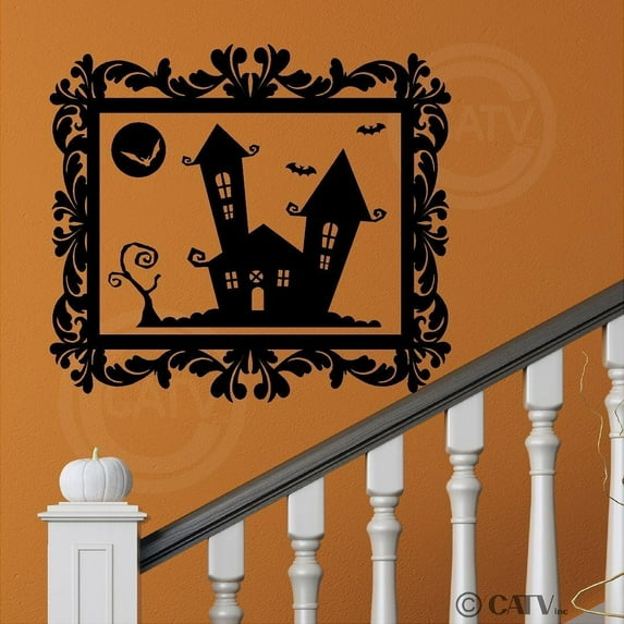 Halloween Frame #13 Haunted House Vinyl Lettering Wall Decal Sticker Bat Moon Decals - Size: Large 23"H x 20"W - Color: Black