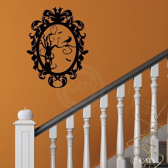 Halloween Frame #8 Scary Tree with Crow Portrait Vinyl Lettering Wall Decal Sticker Spooky Decals - Size: 27"H x 20"W - Color: Black