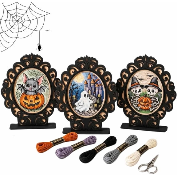 Halloween Frame Cross Stitch Kit, DIY Seasonal Crafting Supplies, Counted Embroidery Arts Decor, Beginner Adult Needlework, 3 Pack